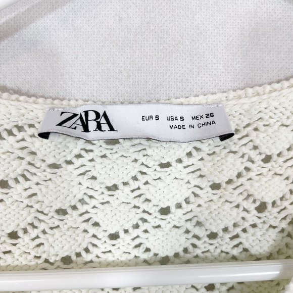 Zara Ivory Open Knit Tie Front Cardigan Ruffle Trim Cottage Boho - Size Small - Picture 4 of 7